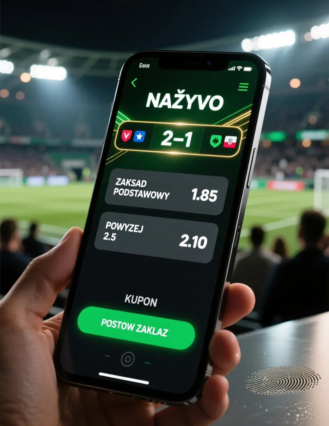 Interfejs aplikacji mobilnej bukmachera - smartphone z zakładami na żywo i kuponem