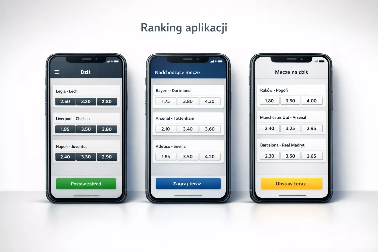 Trzy smartfony z różnymi aplikacjami bukmacherskimi
