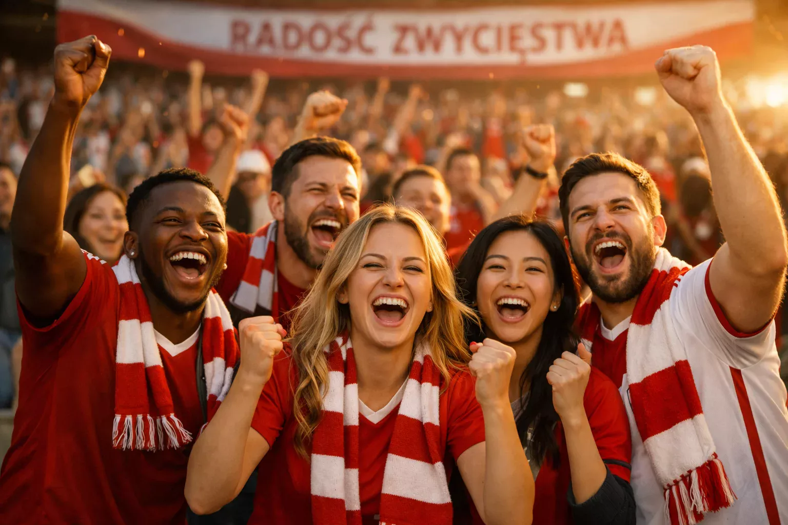 Kibice świętujący zwycięstwo na trybunach stadionu