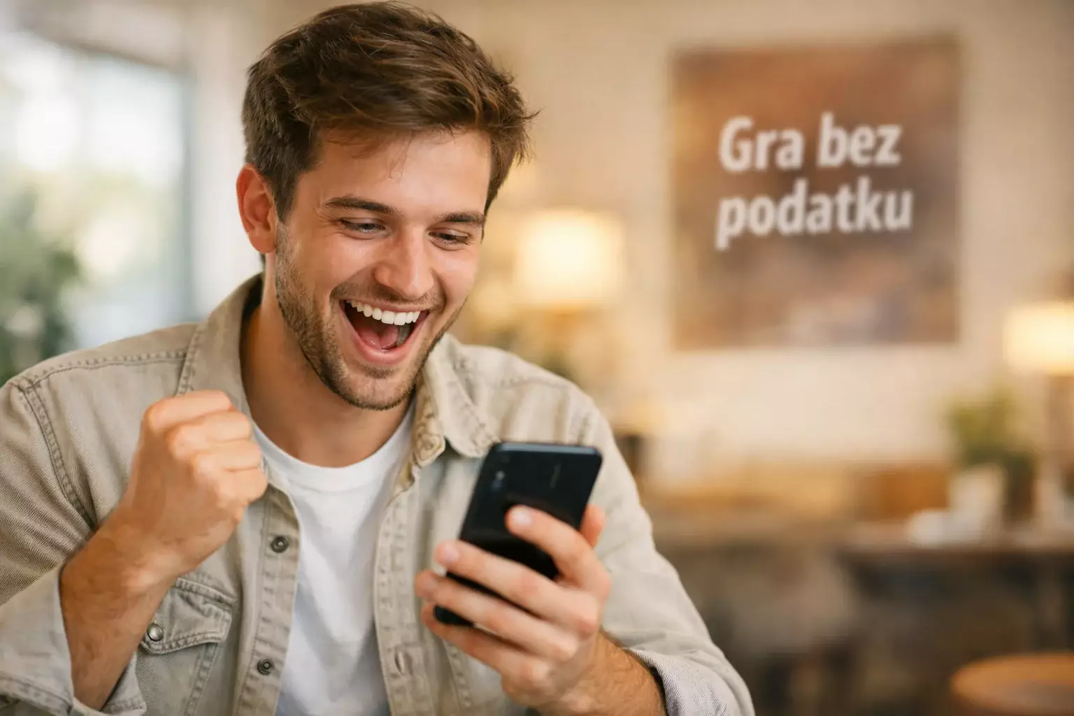 Zadowolony gracz patrzący na wygraną na smartfonie
