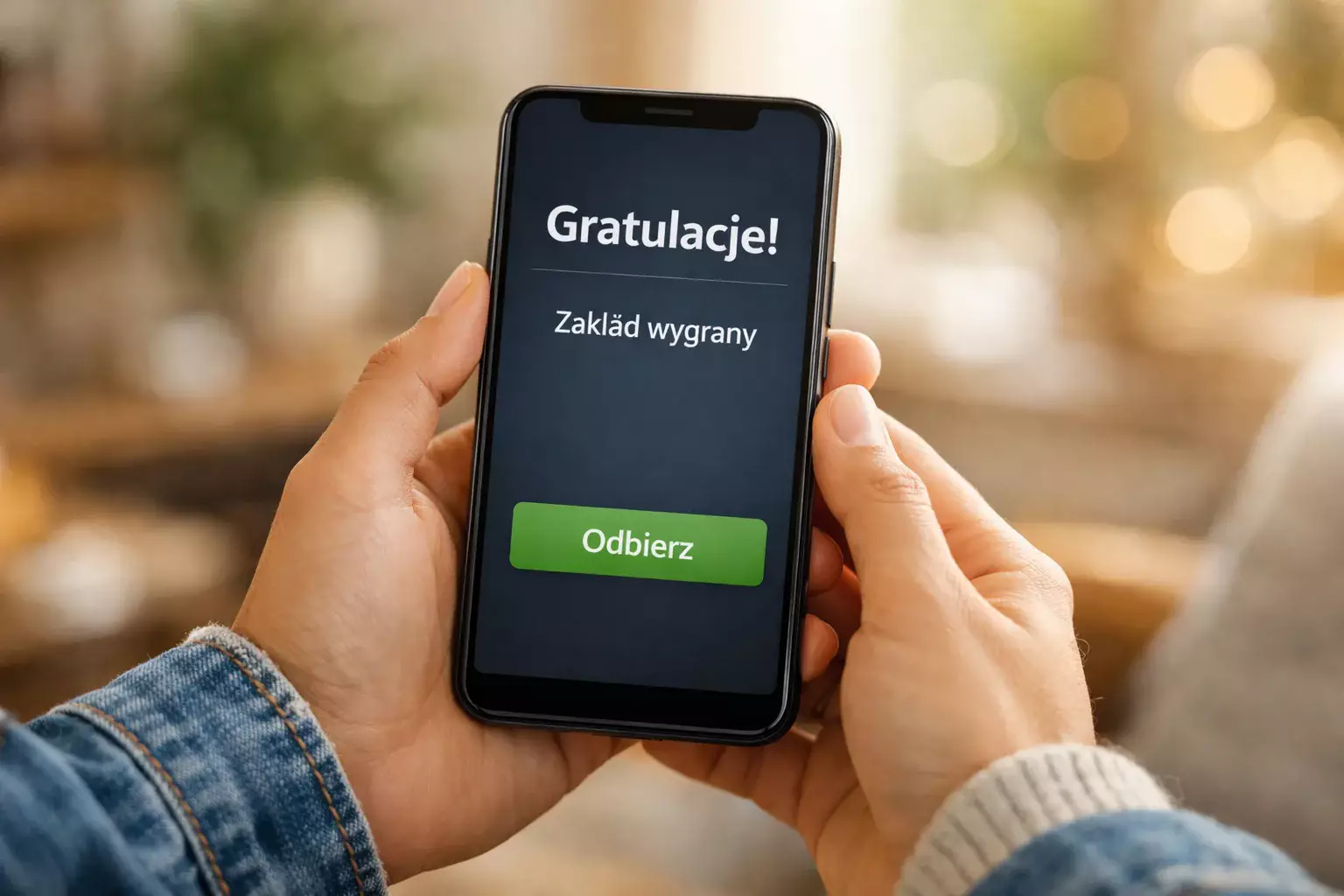 Ręce trzymające smartfon z powiadomieniem o wygranej
