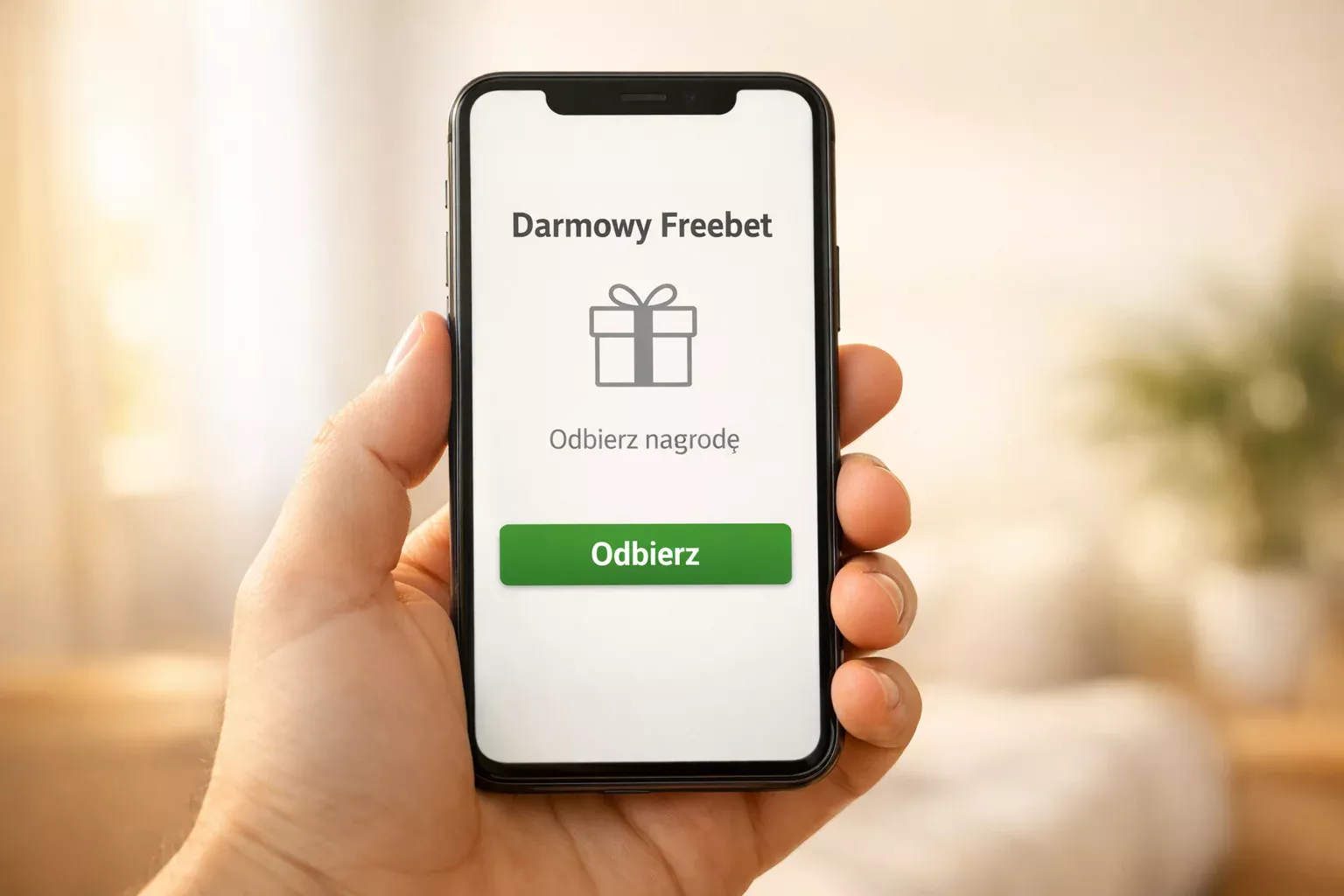 Dłoń trzymająca smartfon z symbolem prezentu na ekranie