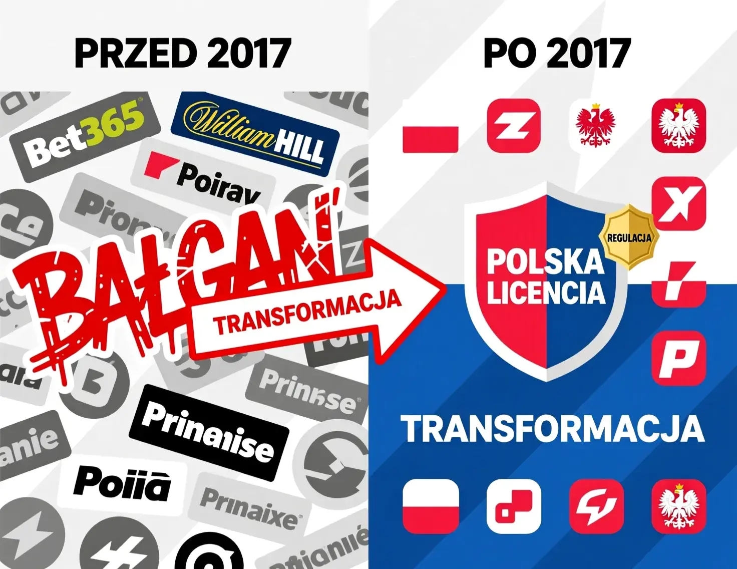Infografika pokazująca transformację polskiego rynku bukmacherskiego przed i po 2017 roku - od chaosu do uporządkowanego systemu licencyjnego