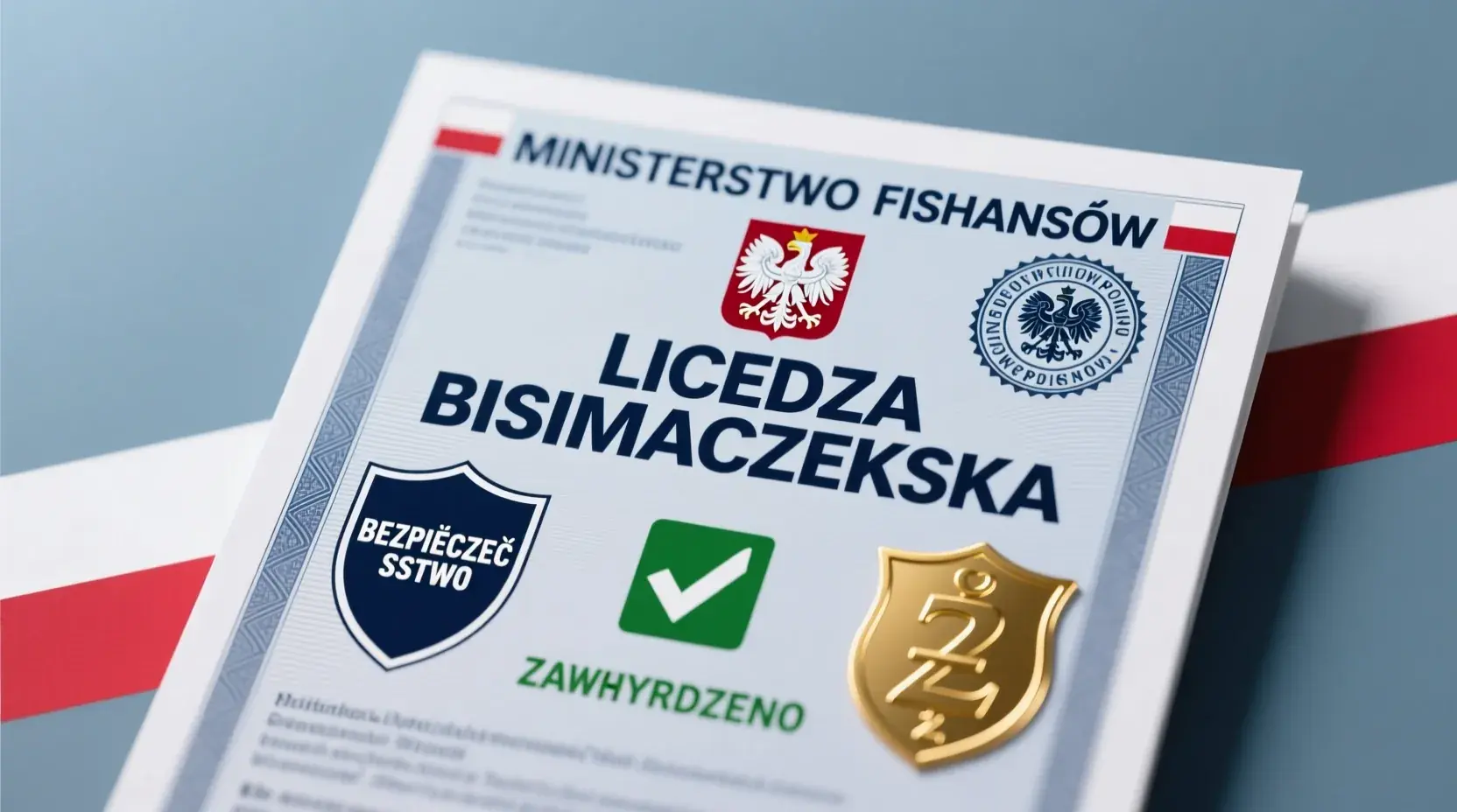 Oficjalna licencja bukmacherska wydana przez Ministerstwo Finansów w Polsce z pieczęcią i flagą narodową