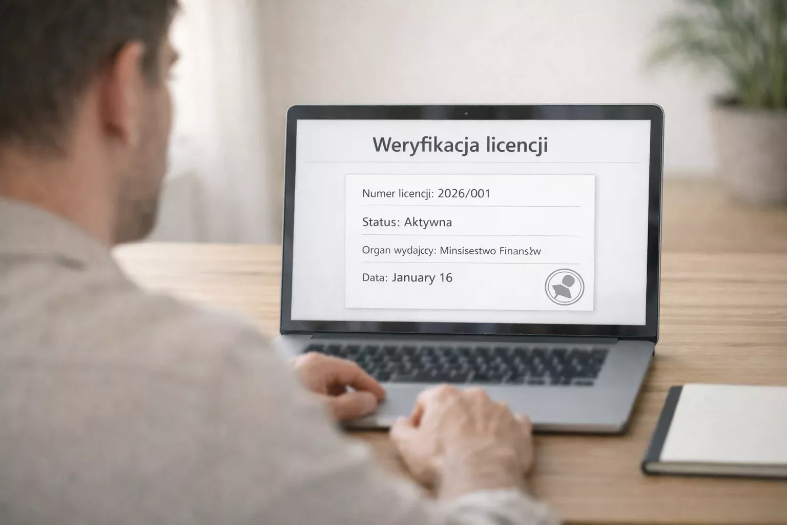 Osoba sprawdzająca dokument licencji na laptopie