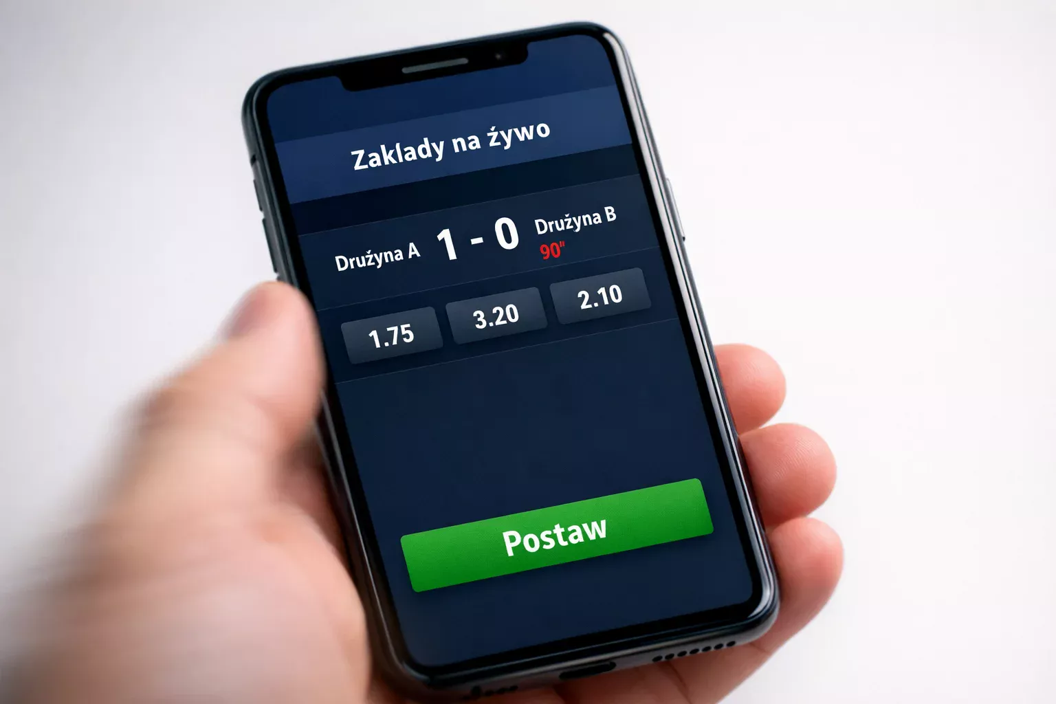 Smartfon z aplikacją do zakładów na żywo pokazujący mecz