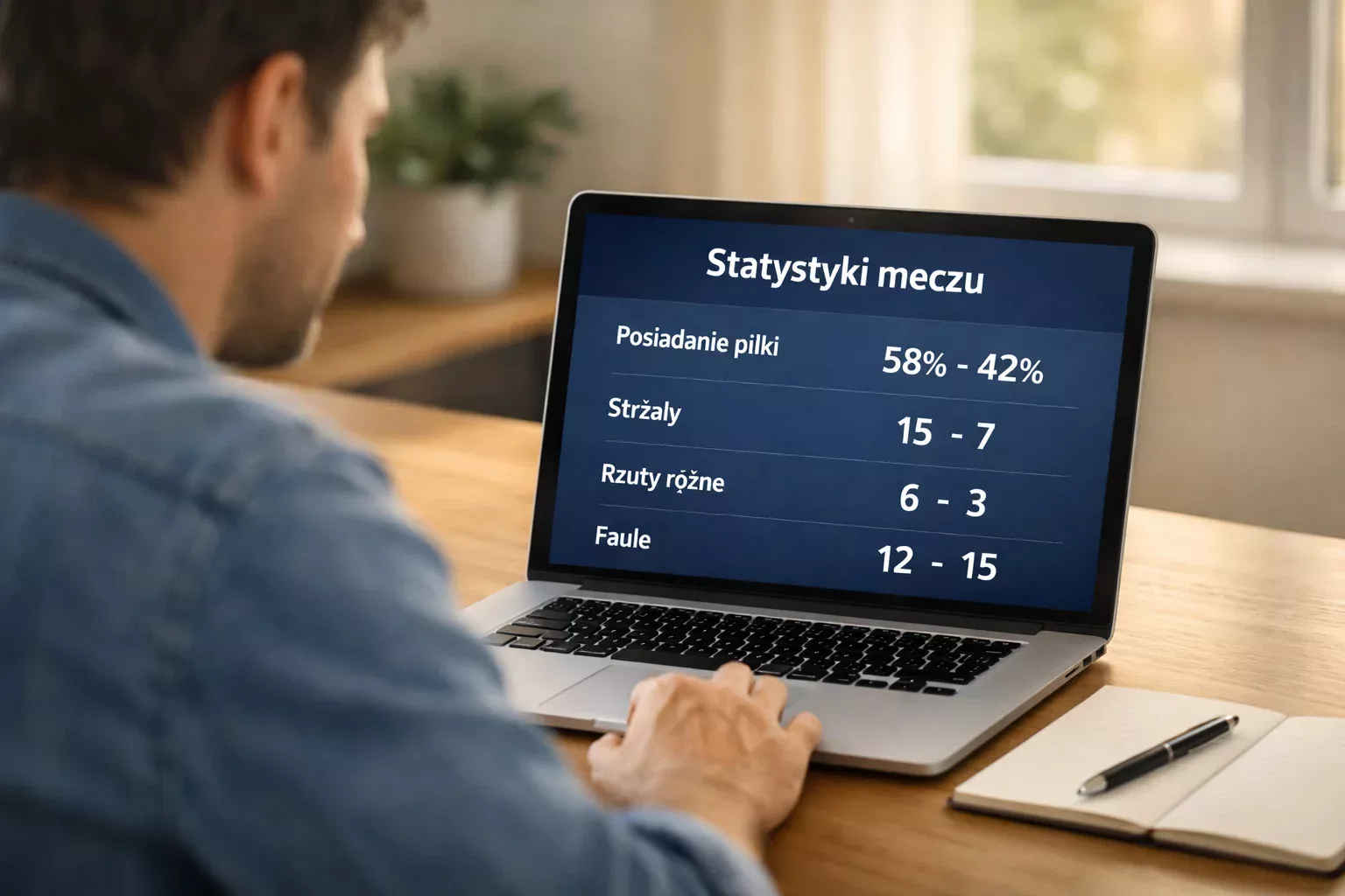 Osoba analizująca statystyki meczu na laptopie