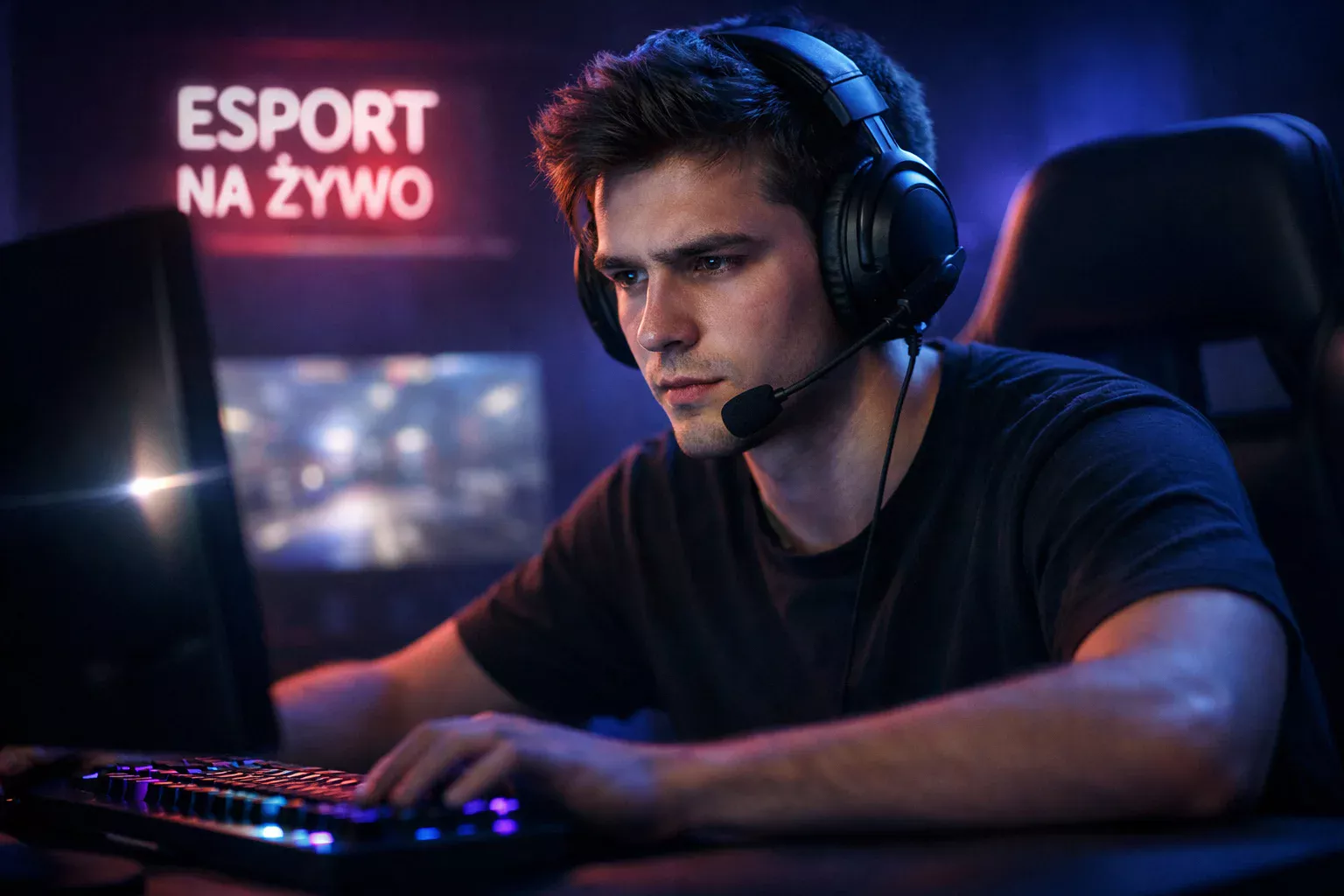 Gracz e-sportowy przy komputerze z profesjonalnym sprzętem