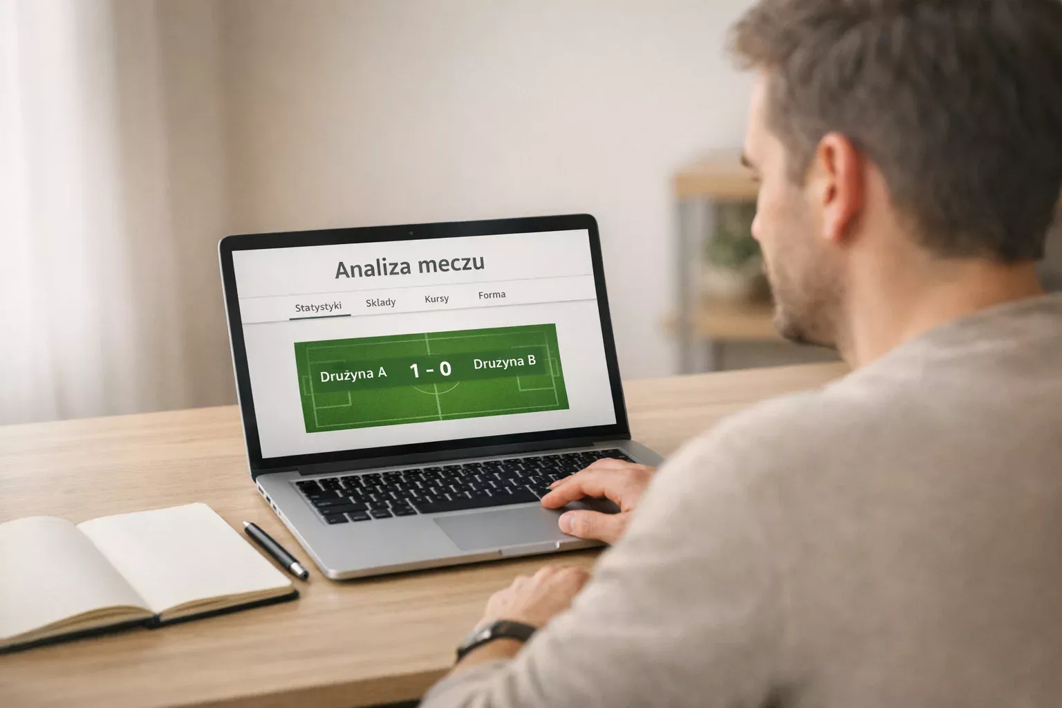 Osoba analizująca mecz piłkarski na laptopie