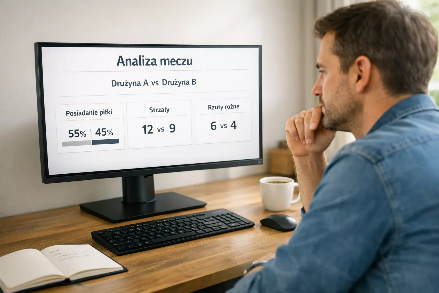 Osoba analizująca statystyki piłkarskie na komputerze