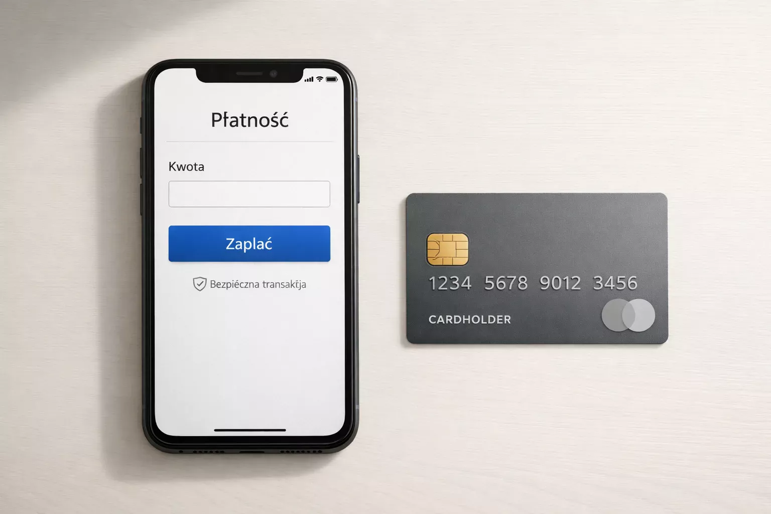 Smartfon z aplikacją płatniczą i karta bankowa na biurku