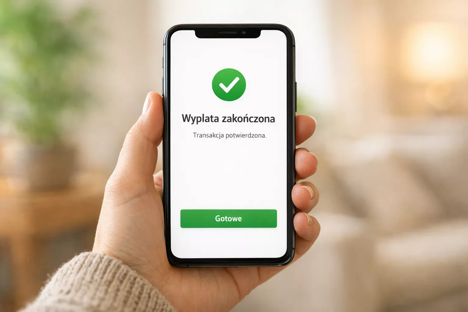 Powiadomienie o pomyślnej wypłacie na ekranie telefonu