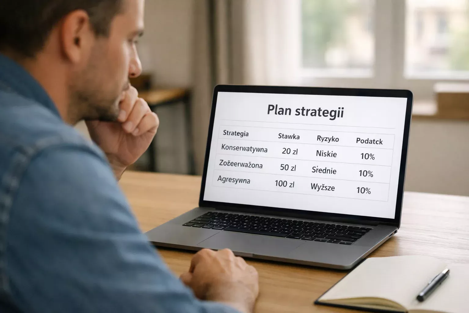 Osoba planująca strategię zakładów na laptopie