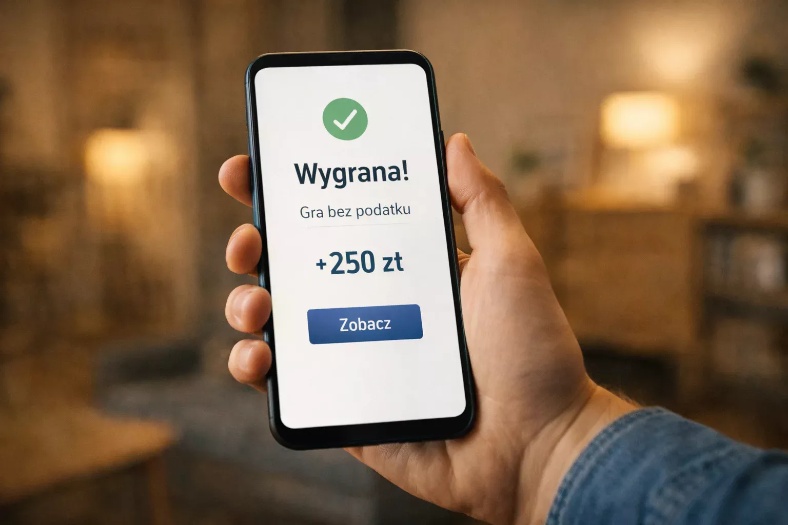 Smartfon z aplikacją bukmacherską pokazujący wygraną