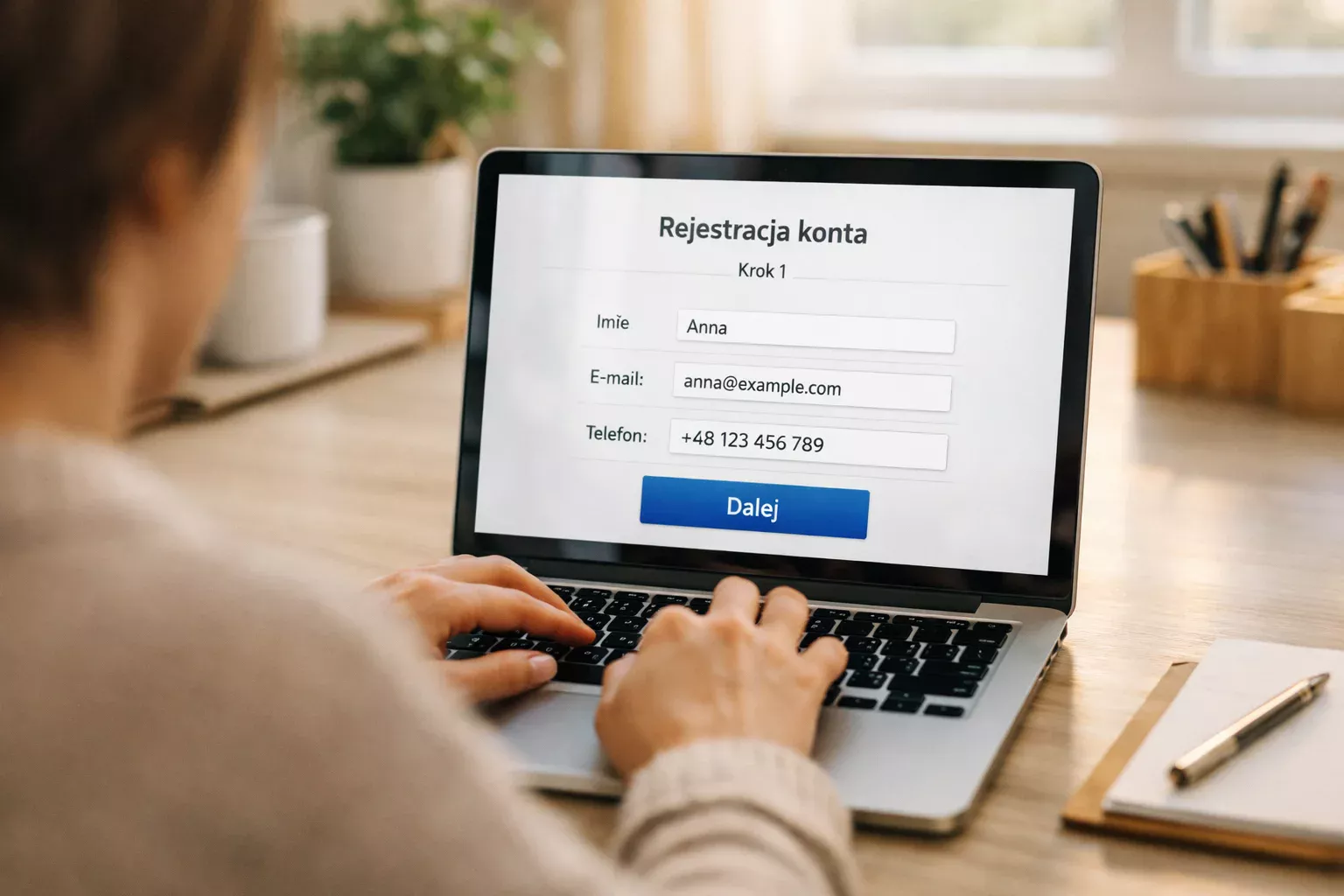 Osoba wypełniająca formularz rejestracyjny na laptopie