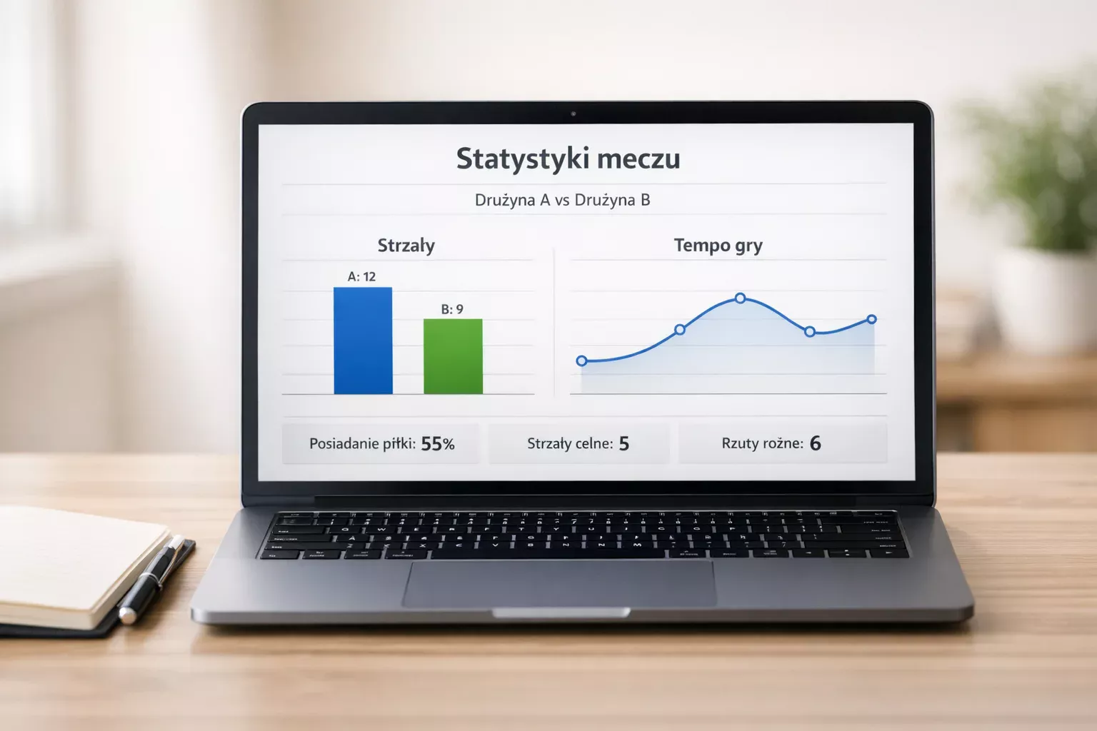 Laptop z wykresami i statystykami sportowymi