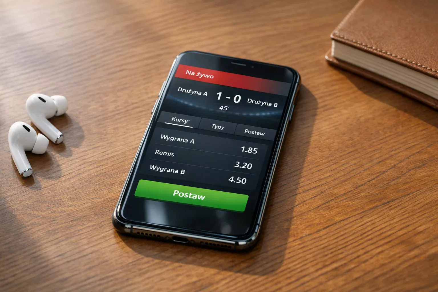 Smartfon z aplikacją do zakładów sportowych na biurku