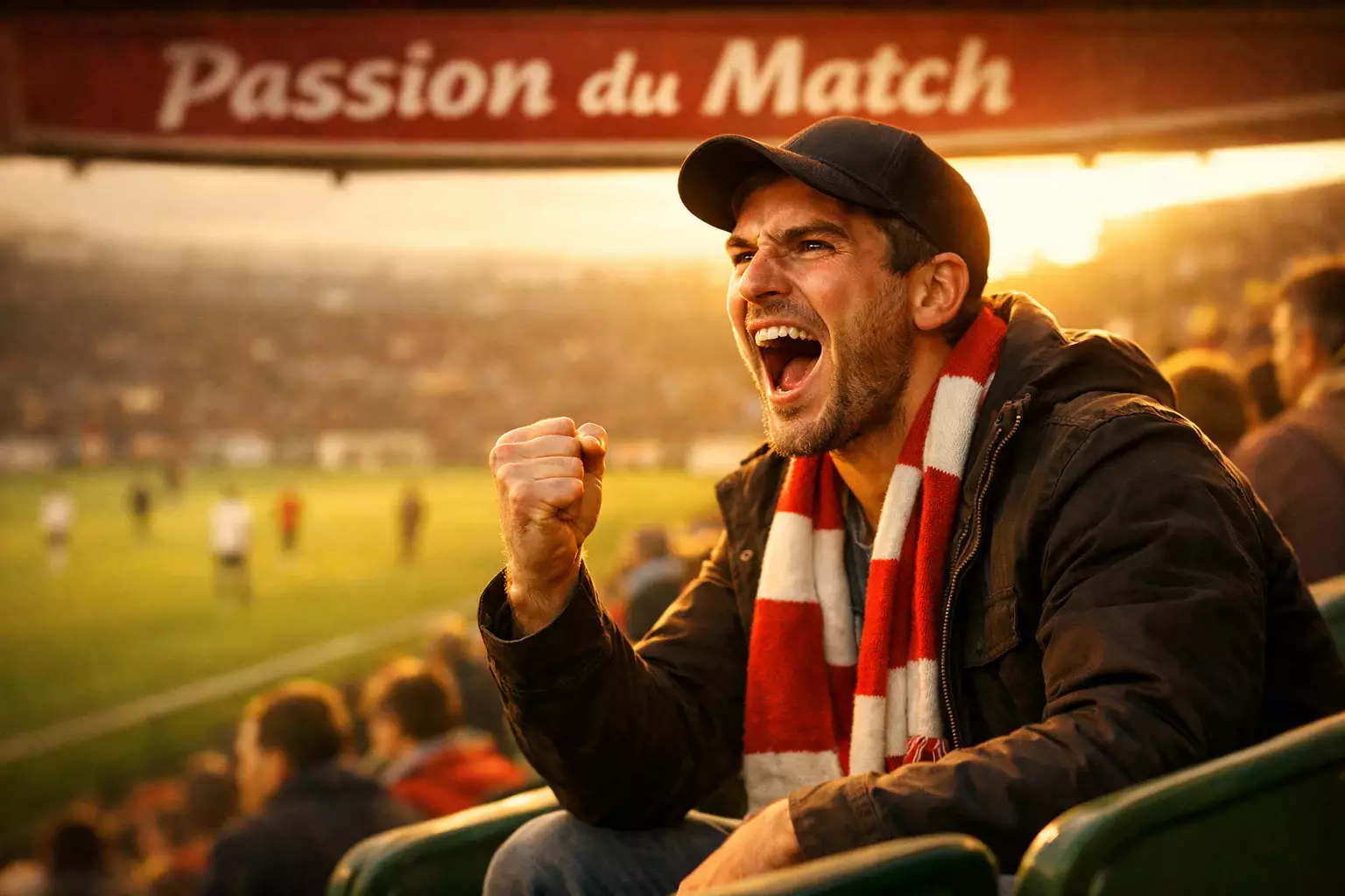 Kibic oglądający mecz piłkarski na stadionie z emocjami na twarzy