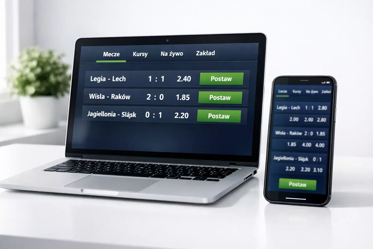Laptop i smartfon wyświetlające stronę z zakładami sportowymi