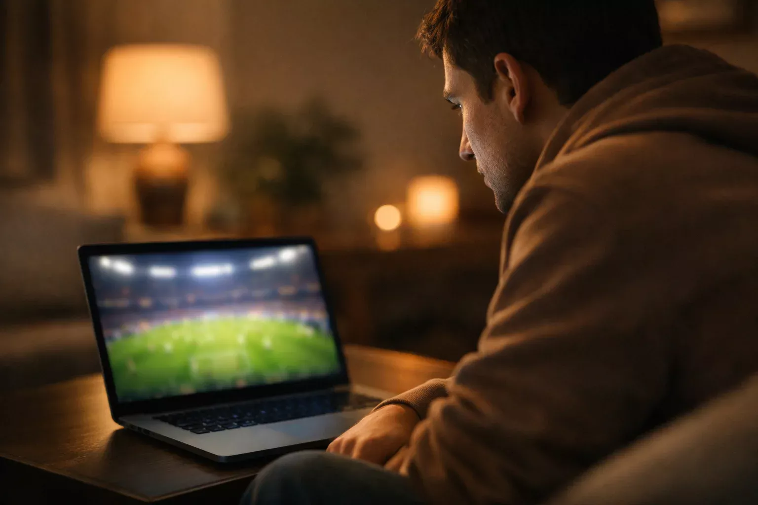 Osoba oglądająca mecz piłkarski na laptopie